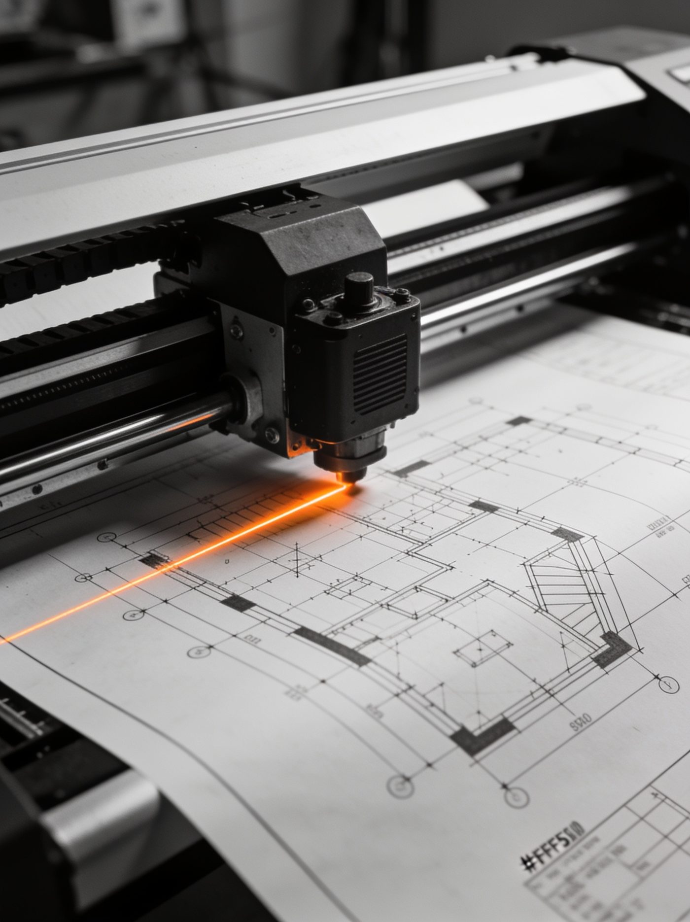 Plotter zeichnet orangefarbene Linie auf CAD-Plan