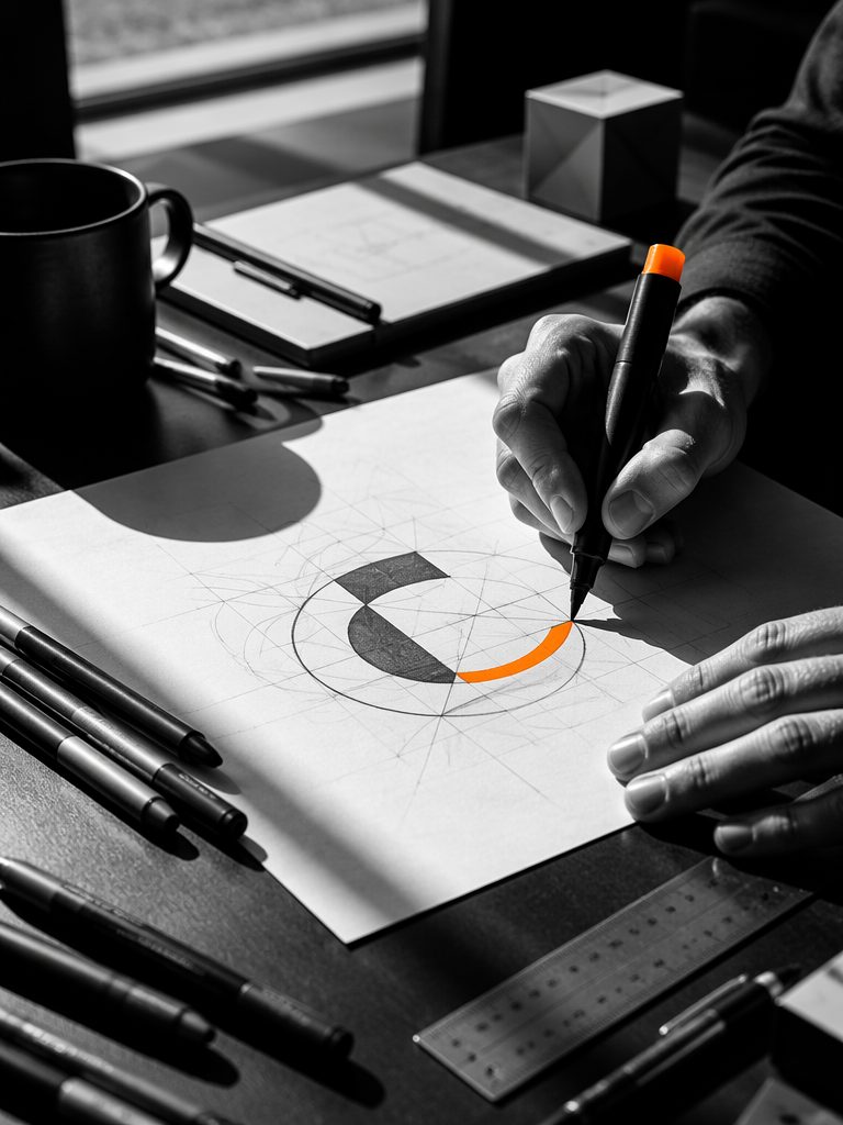 Hände skizzieren Logo mit orangefarbenem Marker