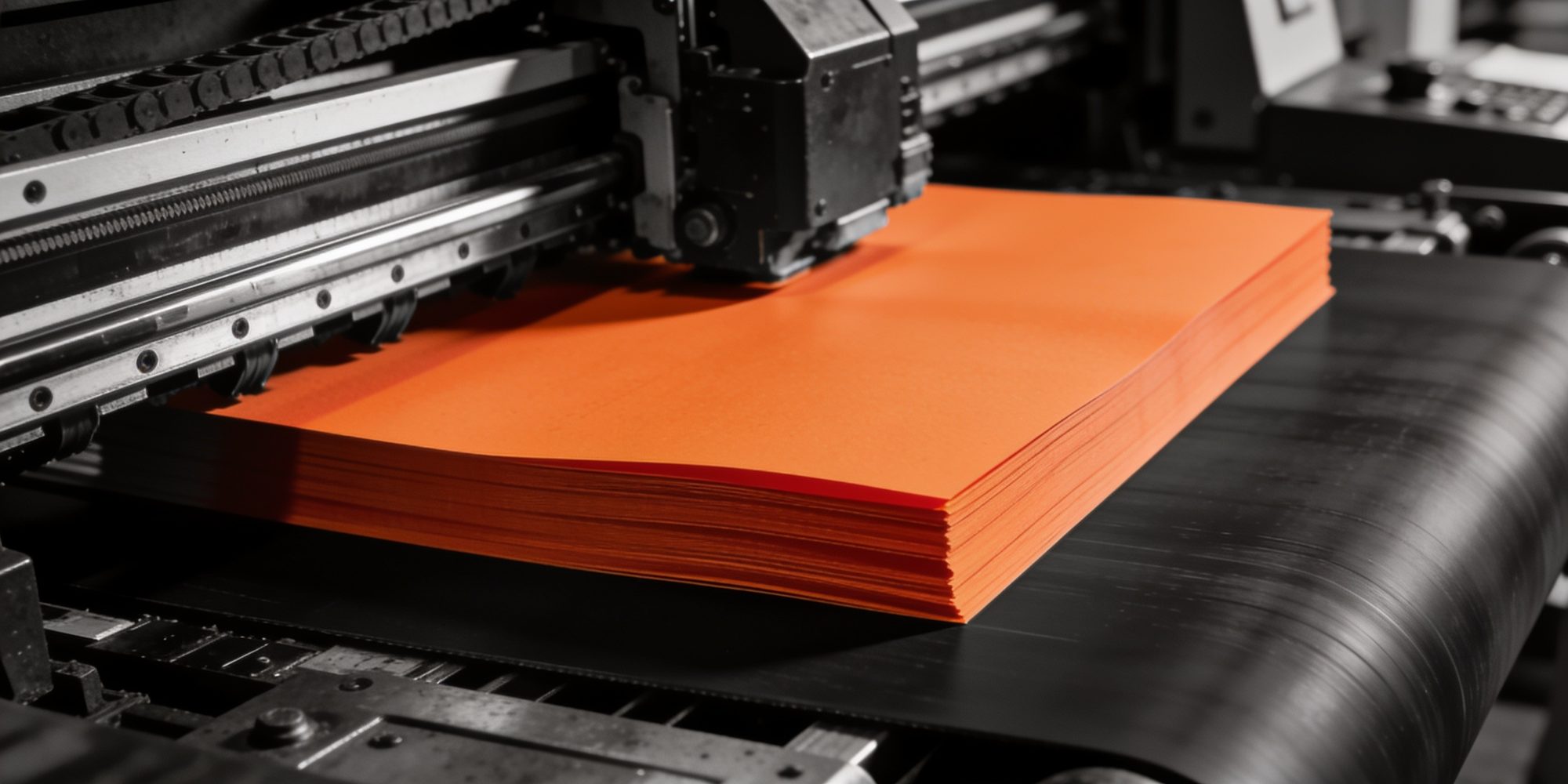 Druckmaschine mit signal-orangefarbenem Papierstapel