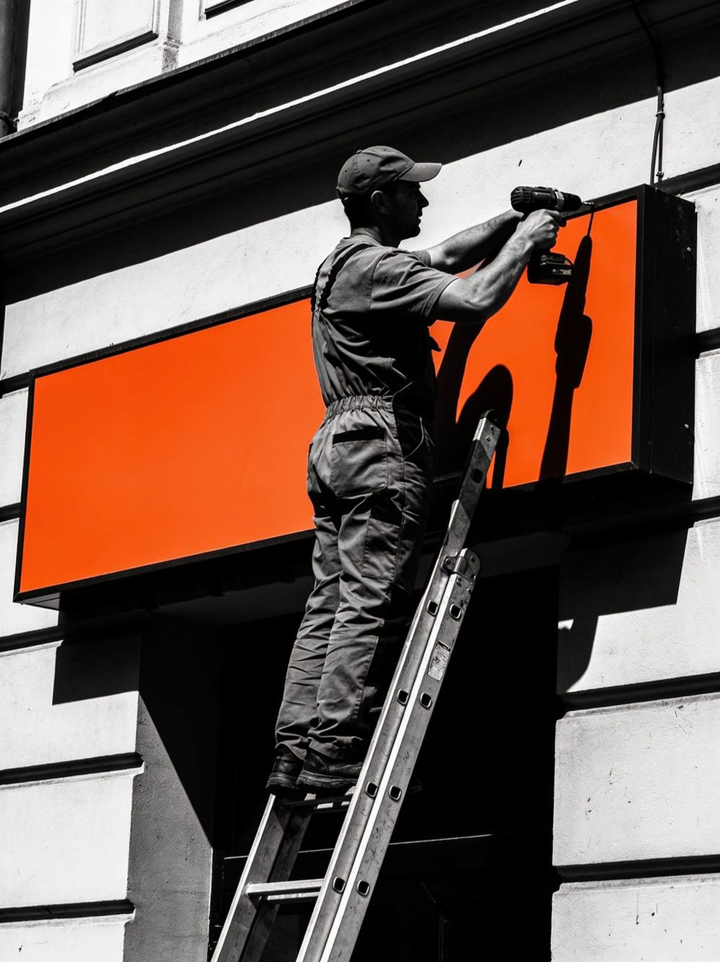 Monteur bringt ein orangefarbenes Schild an einer Fassade an